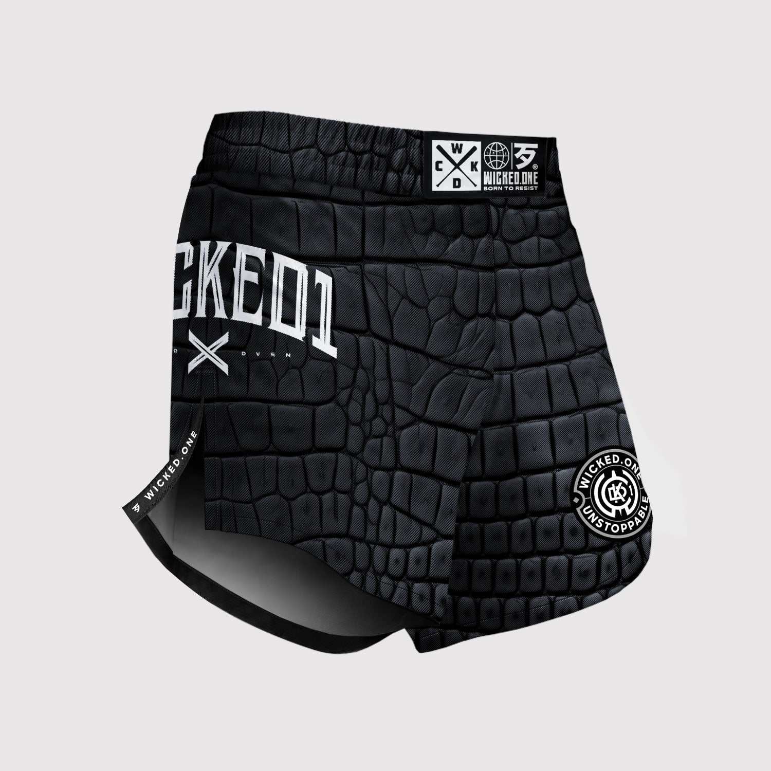 Short de MMA Wicked One Element Caiman noir et gris, robuste et flexible pour sports de combat