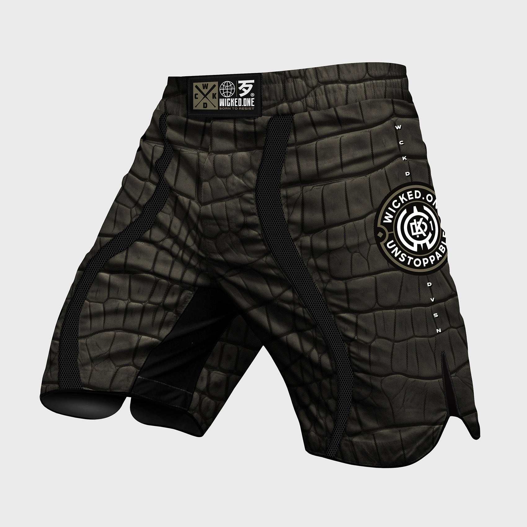 Short de MMA Wicked One Eager CAÏMAN kaki avec fentes latérales pour liberté de mouvement et ceinture velcro ajustable