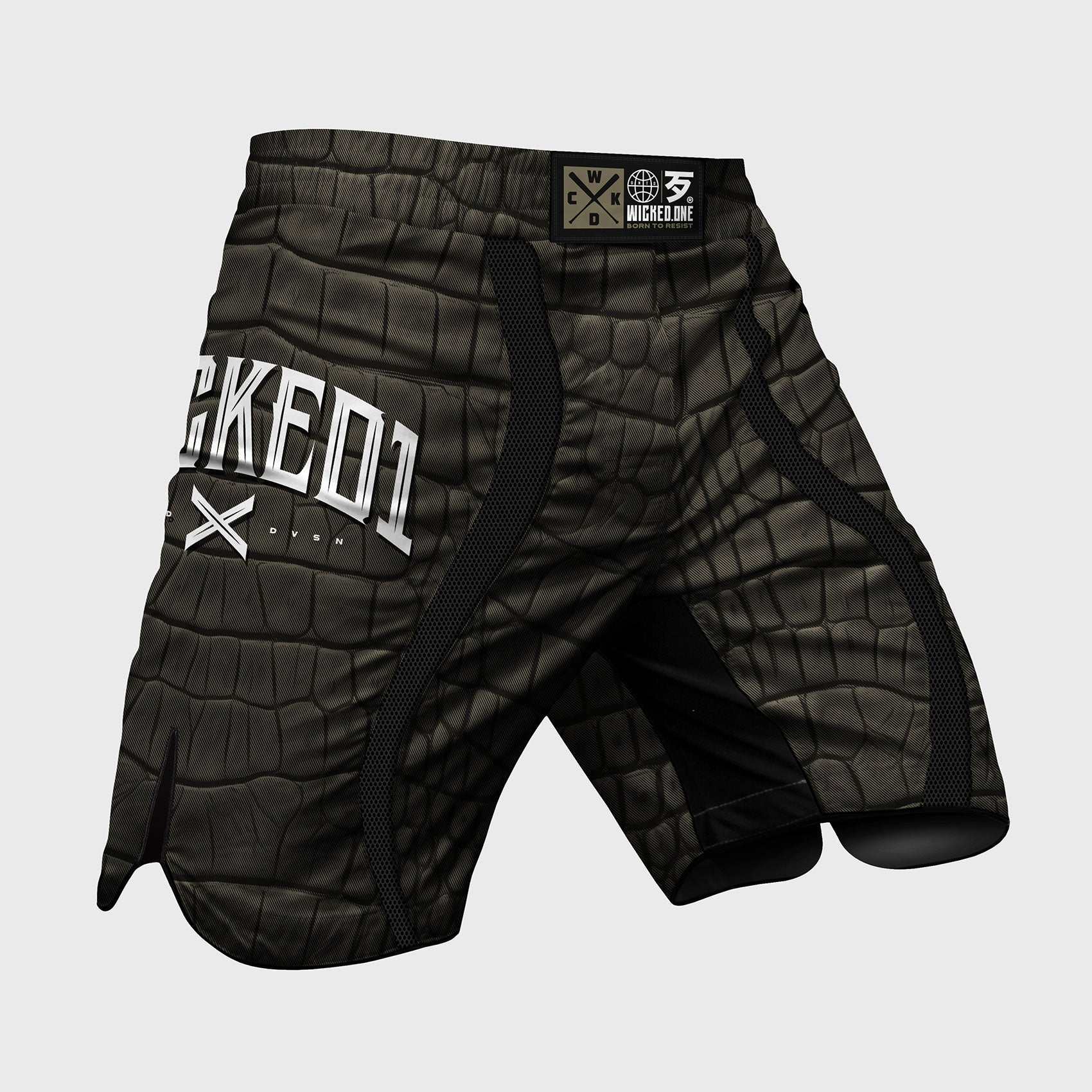 Short de MMA Wicked One CAÏMAN kaki noir avec fentes latérales pour mobilité et résistance