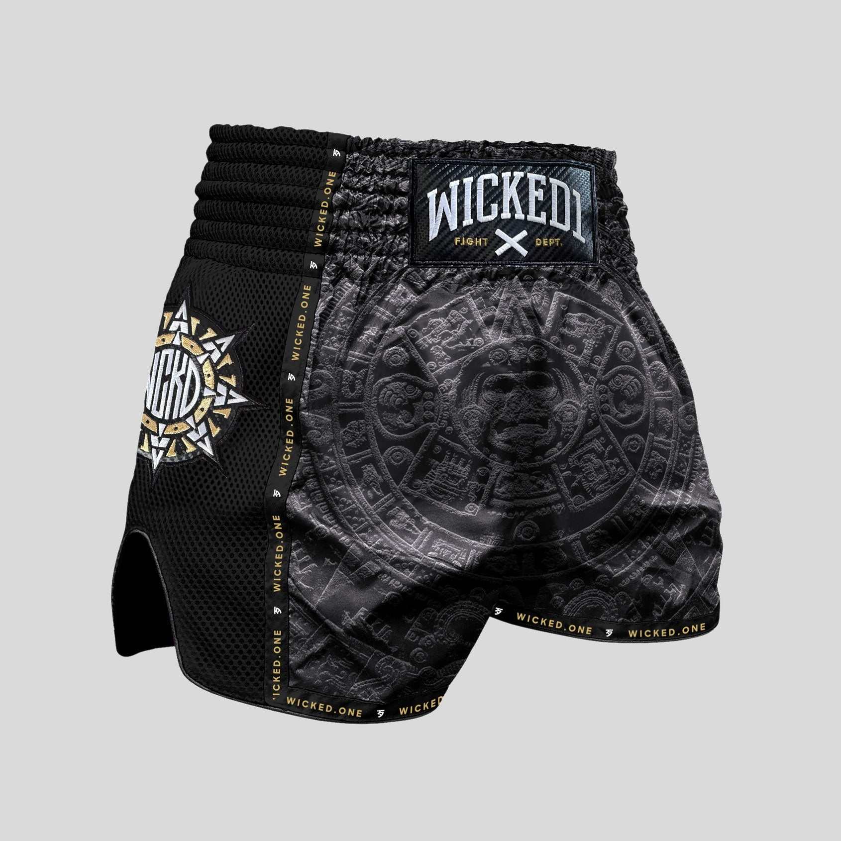Short de Muay Thaï noir Wicked One avec motifs aztèques pour MMA et grappling