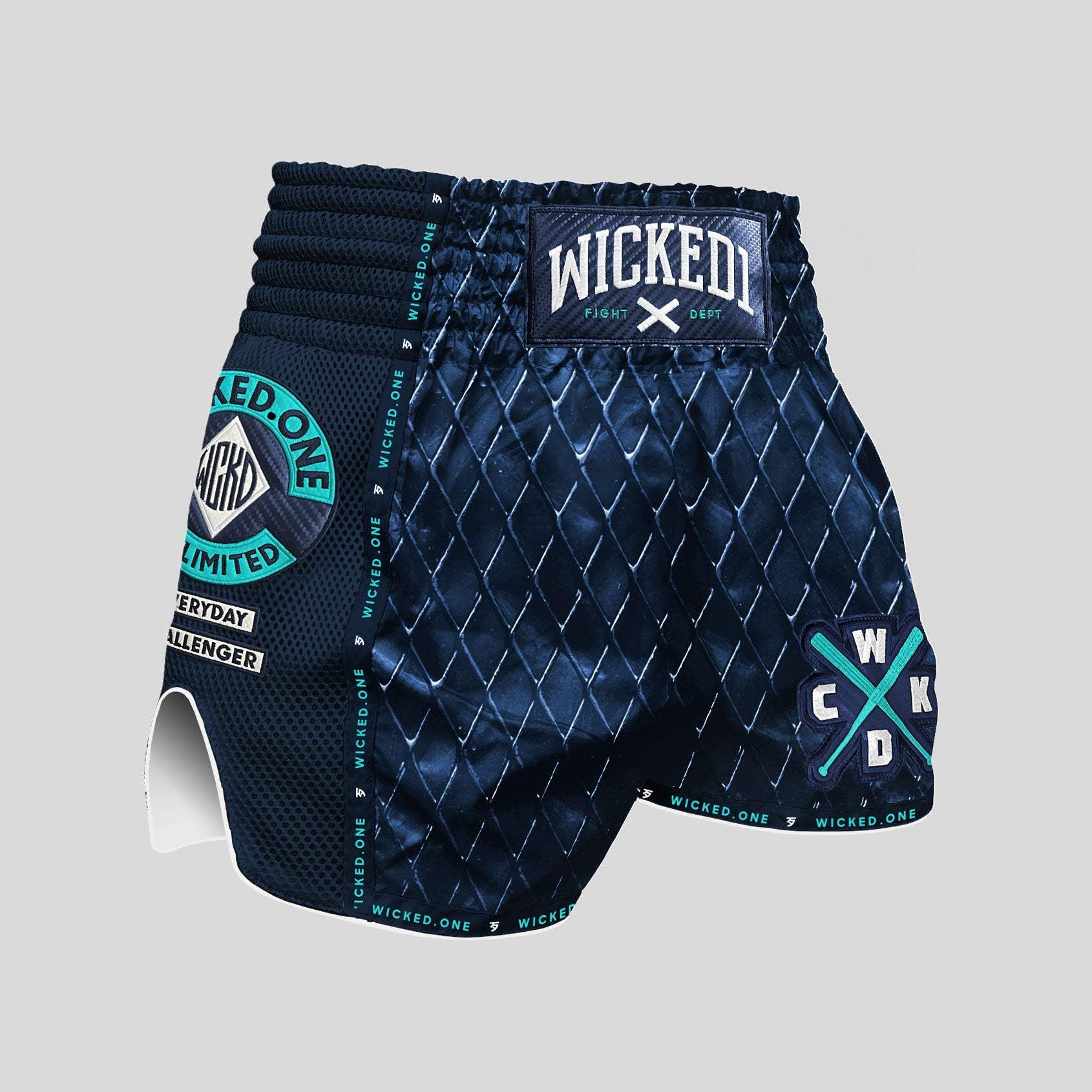 Short de Muay Thaï Wicked One CAGE navy léger avec coupe traditionnelle et ceinture large