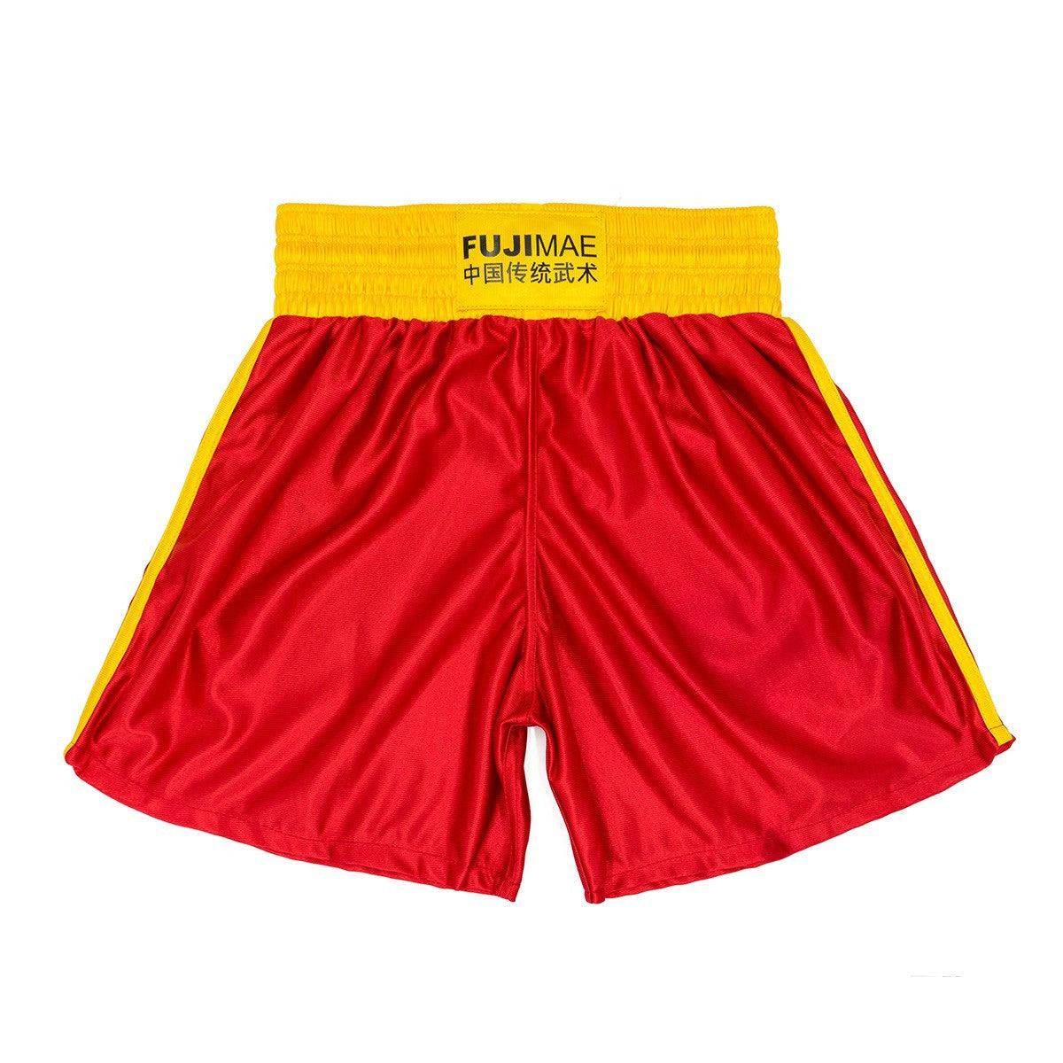 Red and yellow lightweight FUJIMAE Sanda Training shorts with elastic waistband and traditional design for combat sports.