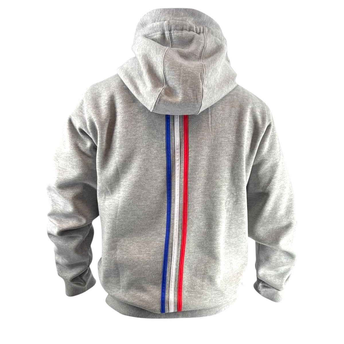 Back view of grey Adidas hooded sweatshirt featuring blue, white, and red vertical stripes symbolic of France, designed for judo enthusiasts