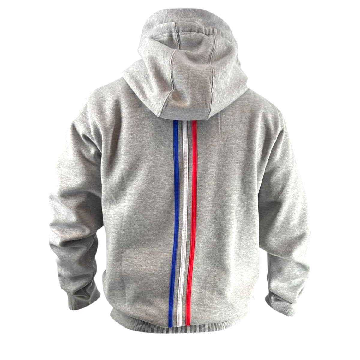 Back view of grey Adidas hooded sweatshirt featuring blue, white, and red vertical stripes symbolic of France, designed for judo enthusiasts