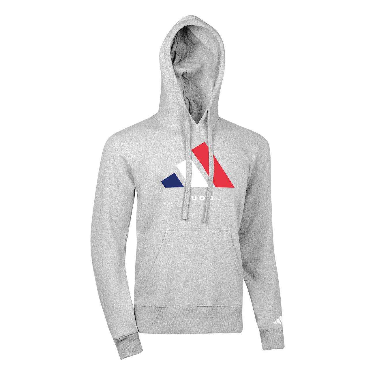 Grey Adidas France Judo hoodie with National Line design in blue, white, and red, made of cotton-polyester blend with front pocket and drawstring hood