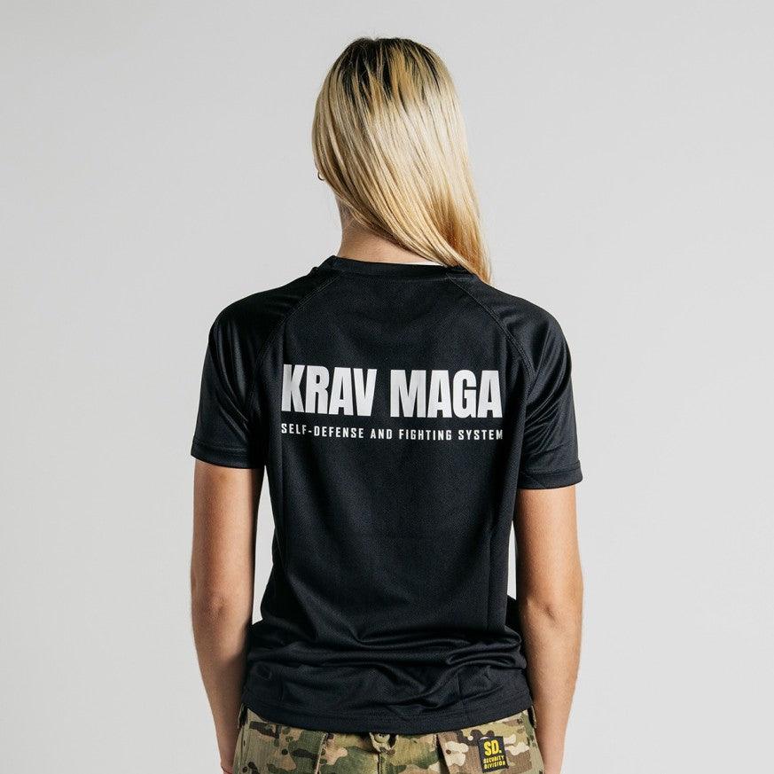 Black T-Shirt Dry Tec with "KRAV MAGA" printed on the back, lightweight and breathable for martial arts training