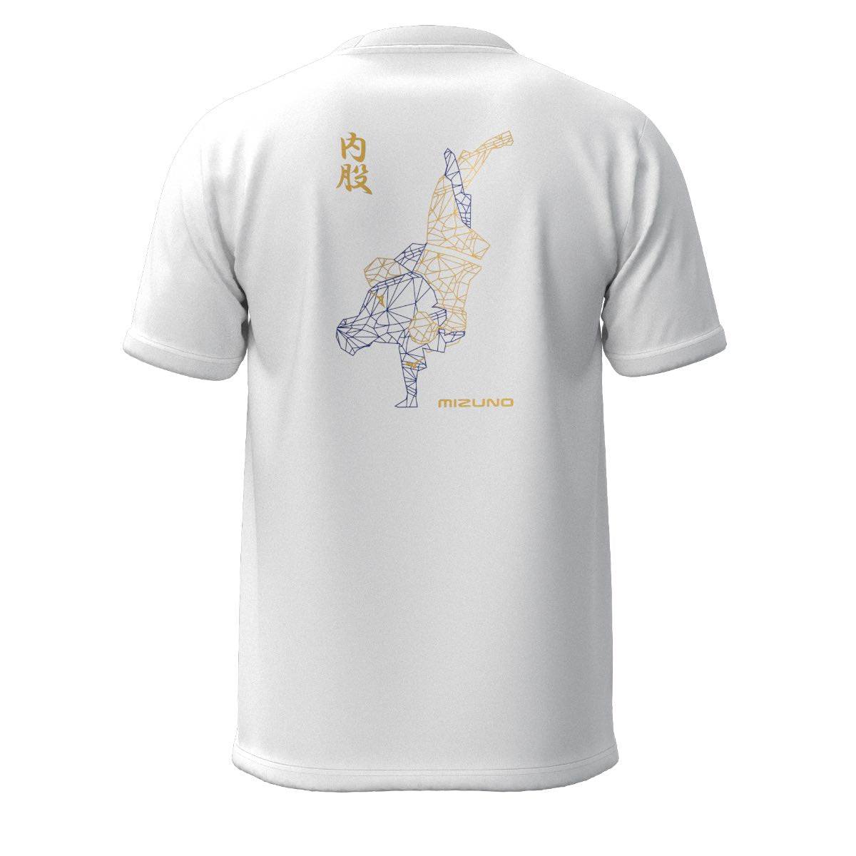 T-shirt Mizuno Uchimata blanc avec impression judo pour enfants et adultes, en coton et polyester recyclé.