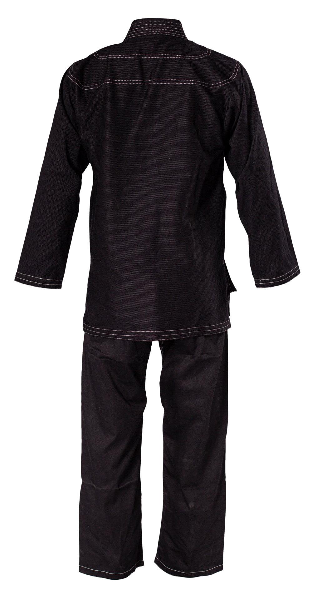 Back view of DANRHO black Brazilian Jiu Jitsu kimono with reinforced shoulders and knees