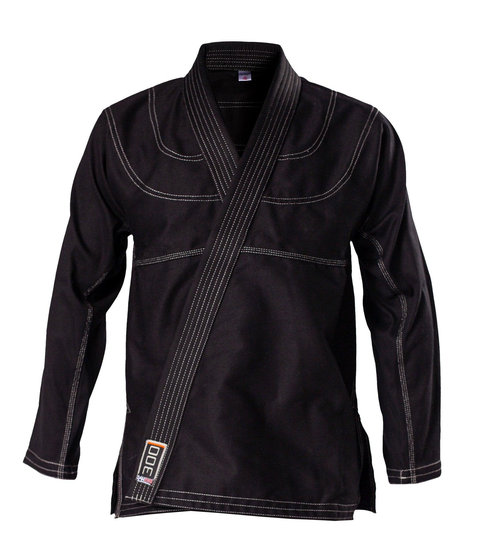 Black DANRHO Kimono Brazilian Jiu Jitsu jacket with reinforced shoulders and contrast gray stitching