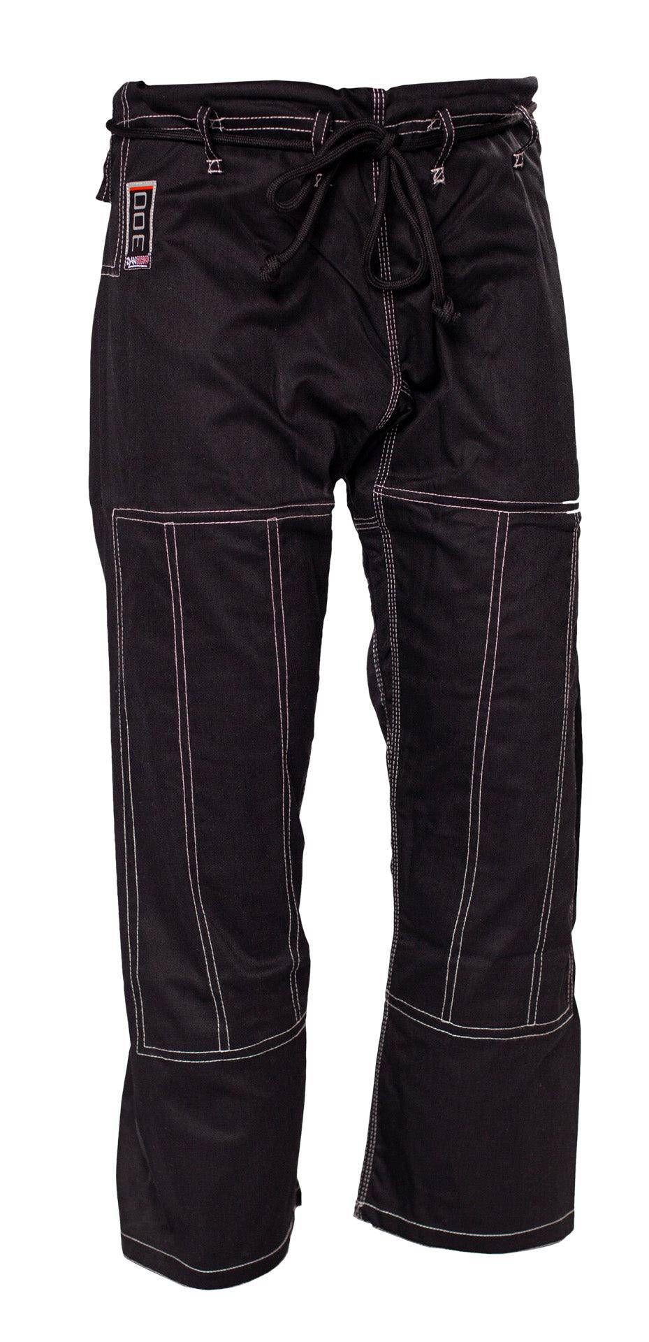 Black DANRHO Kimono Brazilian Jiu Jitsu pants with reinforced knees and contrast stitching