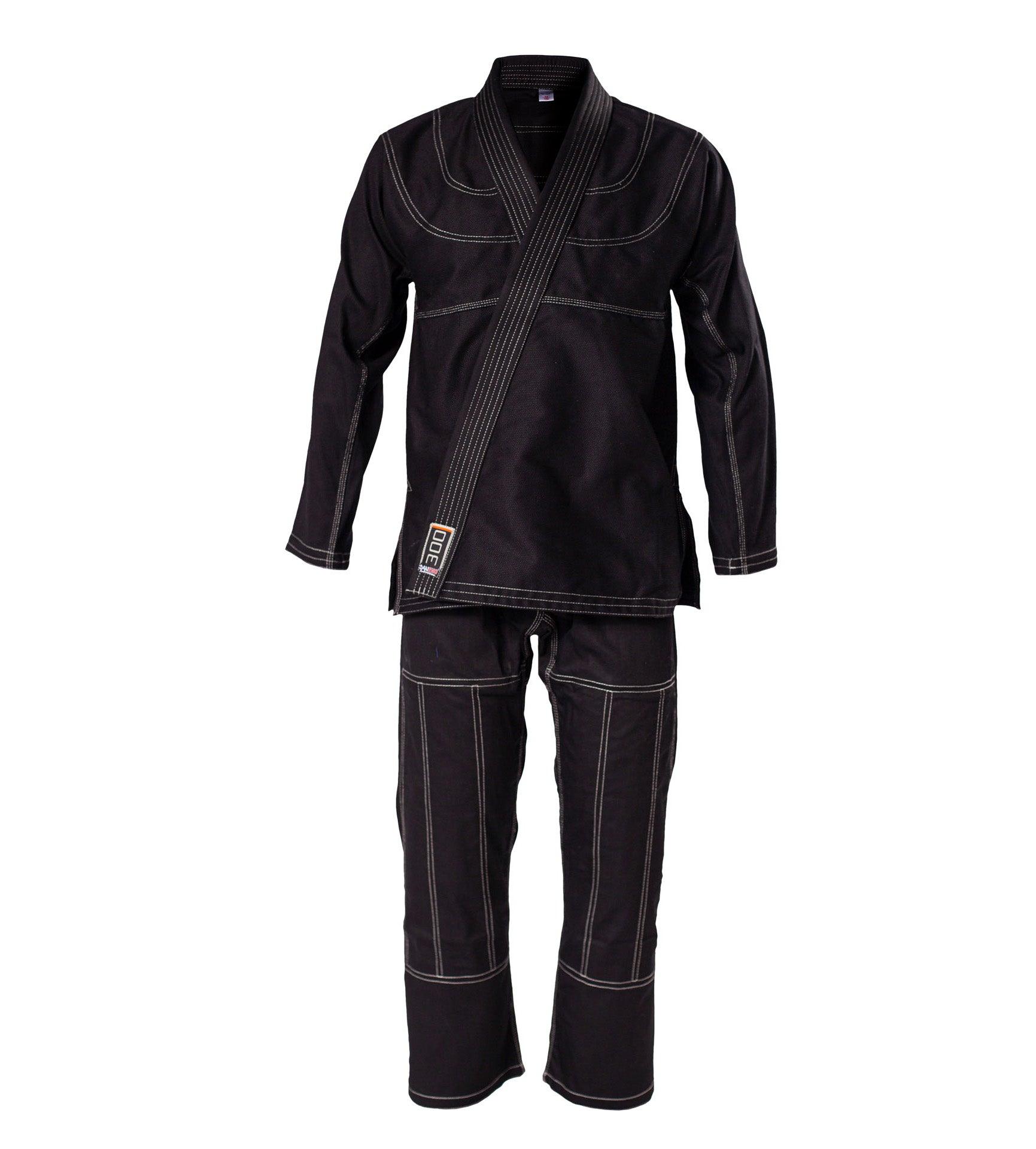 Black DANRHO Kimono Brazilian Jiu Jitsu gi with reinforced shoulders and knees, pearl weave jacket, and durable pants with drawstring waistband