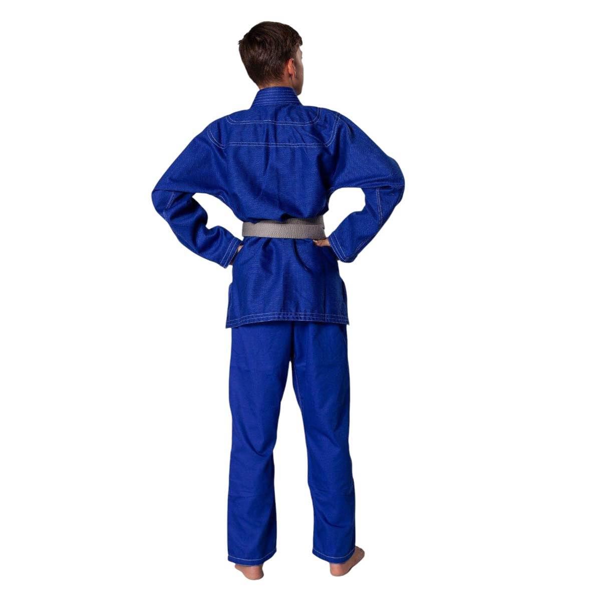 Child wearing blue Brazilian Jiu Jitsu gi with reinforced shoulders and adjustable waist pants from Danrho.