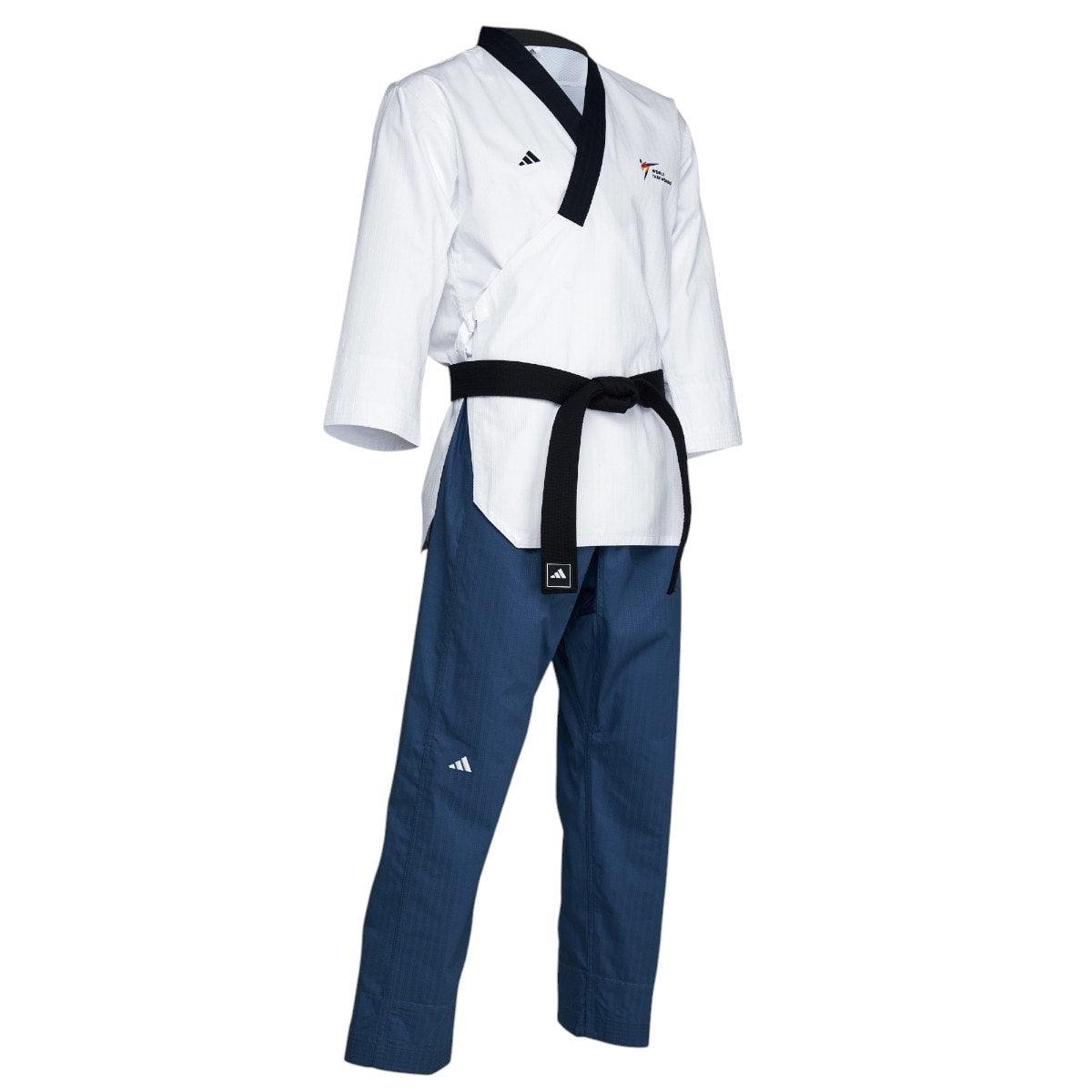Women's adidas Dobok Taekwondo Poomsae with black collar and blue pants, official WT competition uniform