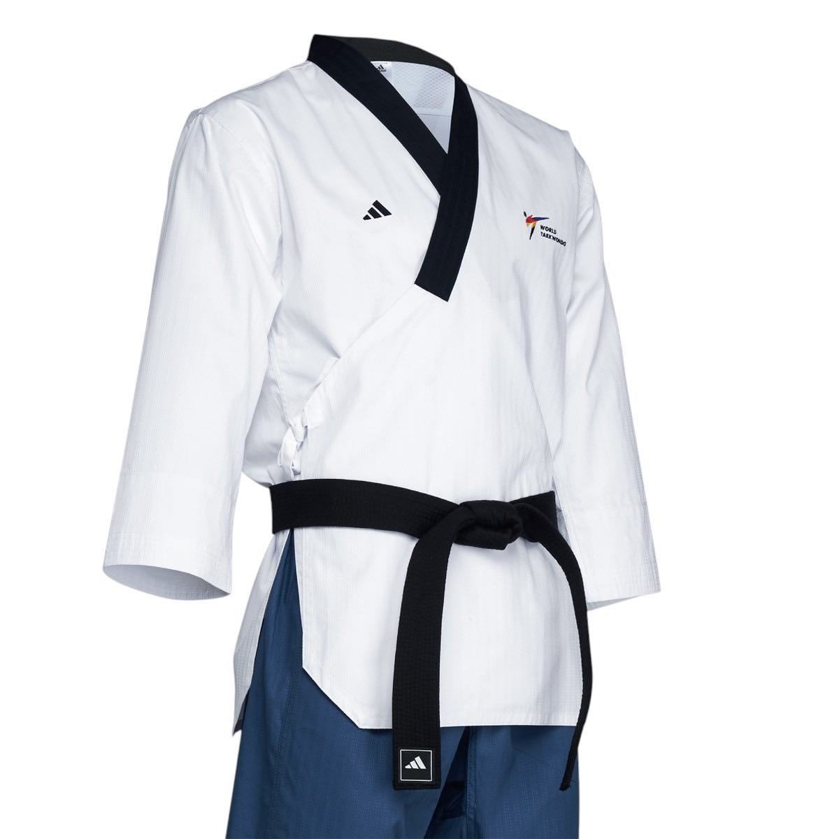 Women's Dobok Taekwondo Poomsae by adidas with black collar and light blue pants, officially approved for competition.