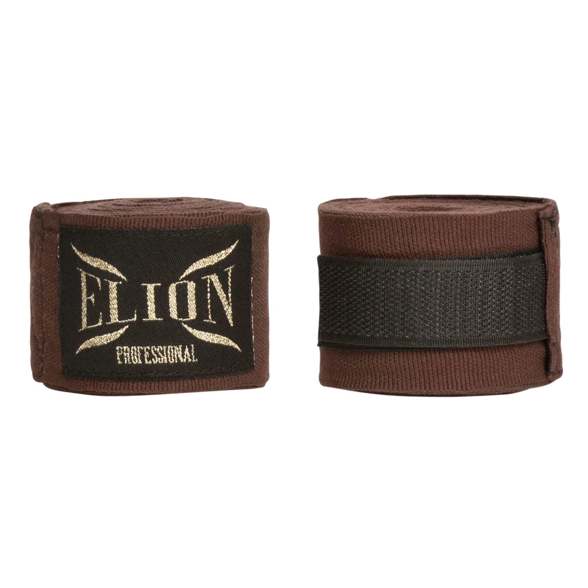 Bandes de boxe ELION marron 4,5 m en coton et lycra avec attache pouce et fermeture velcro