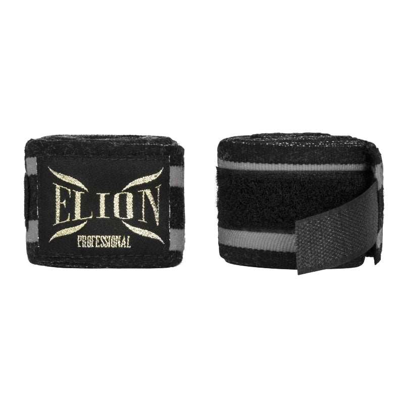 Bandes de boxe ELION noir et gris 4,5 m en coton et lycra avec attache pouce et fermeture velcro pour protection poignet et métacarpes.