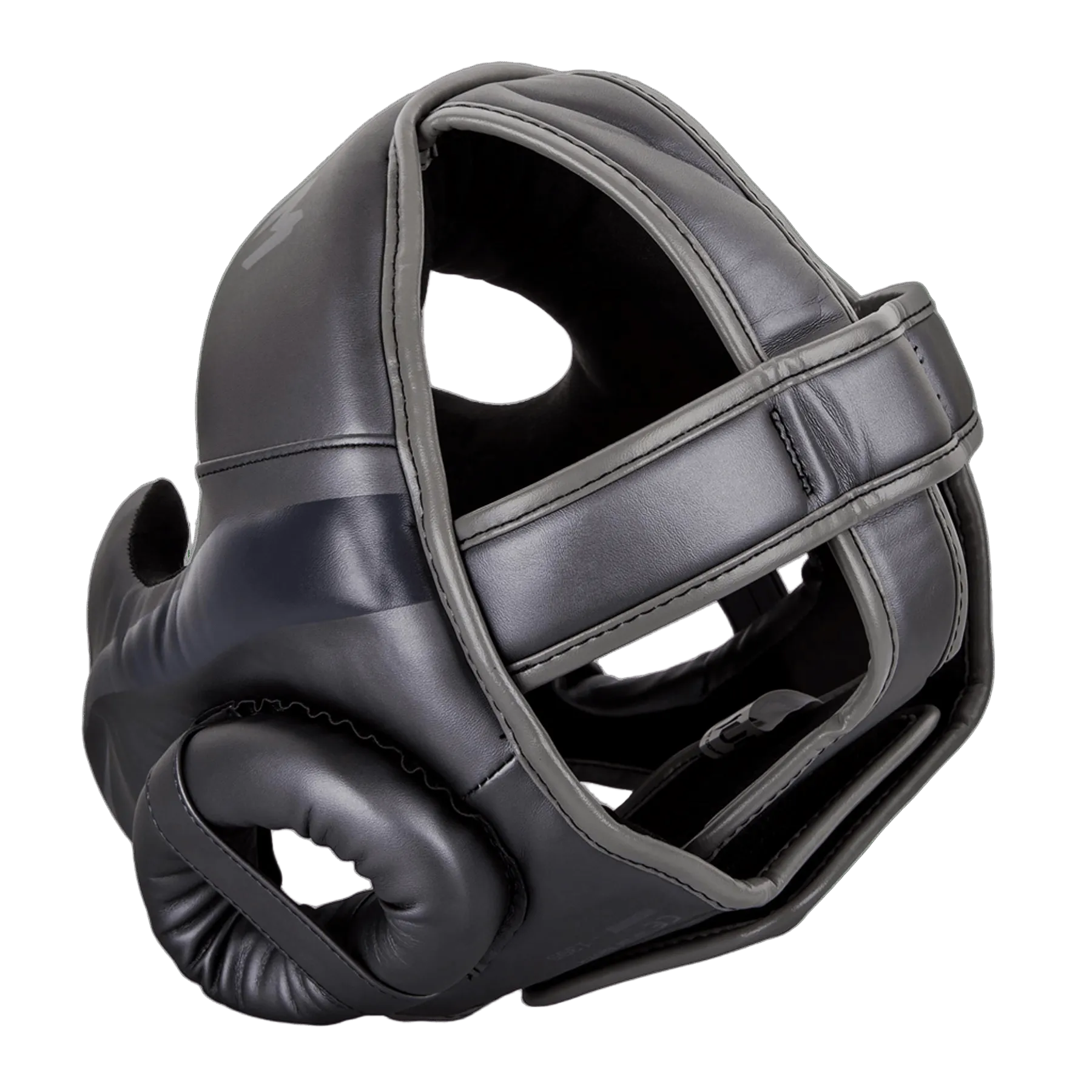 Casque de boxe Venum Elite gris en cuir Skintex premium avec mousse triple densité et large champ de vision.