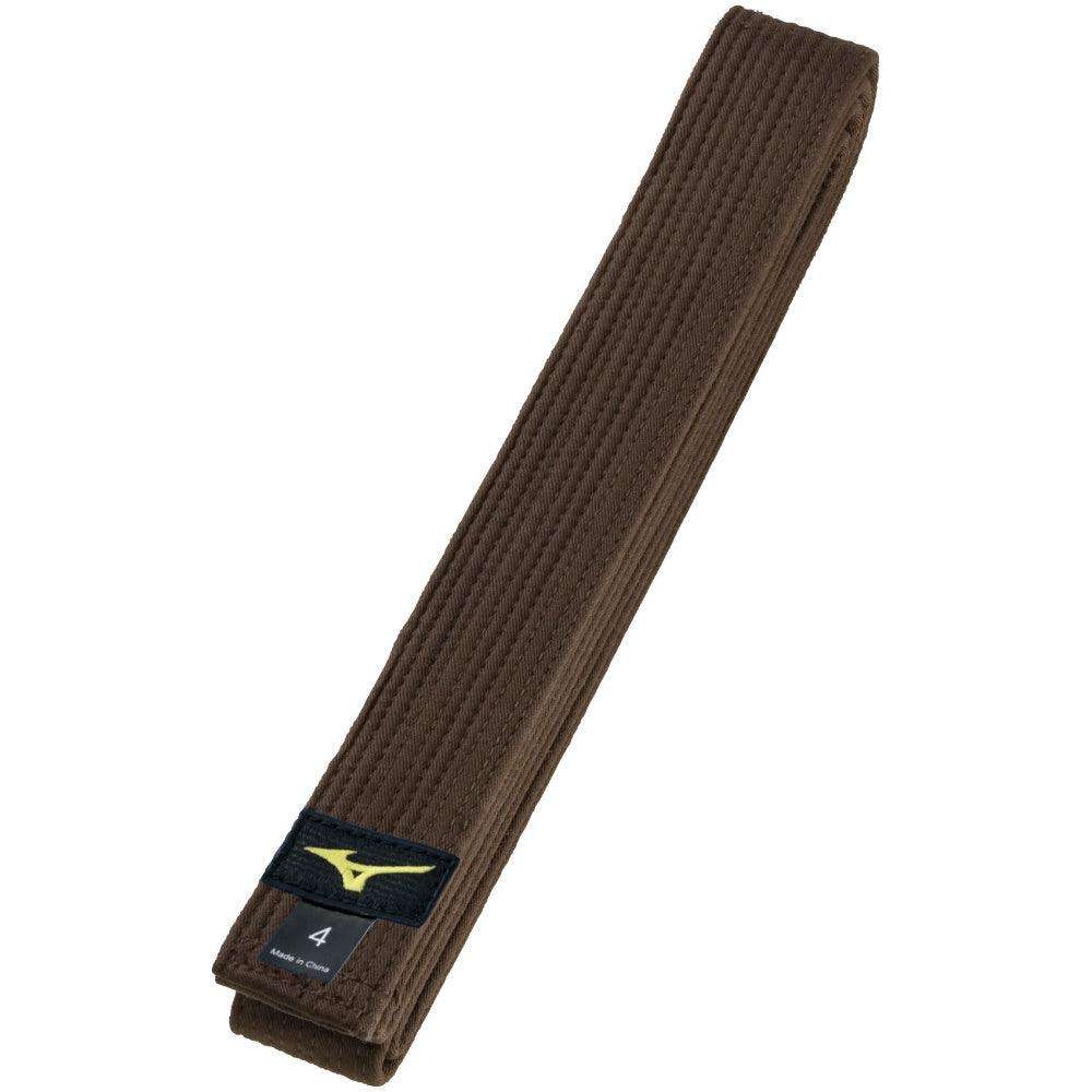 Brown Mizuno Judo belt made of 100% cotton with multiple stitching for durability and size 4 label