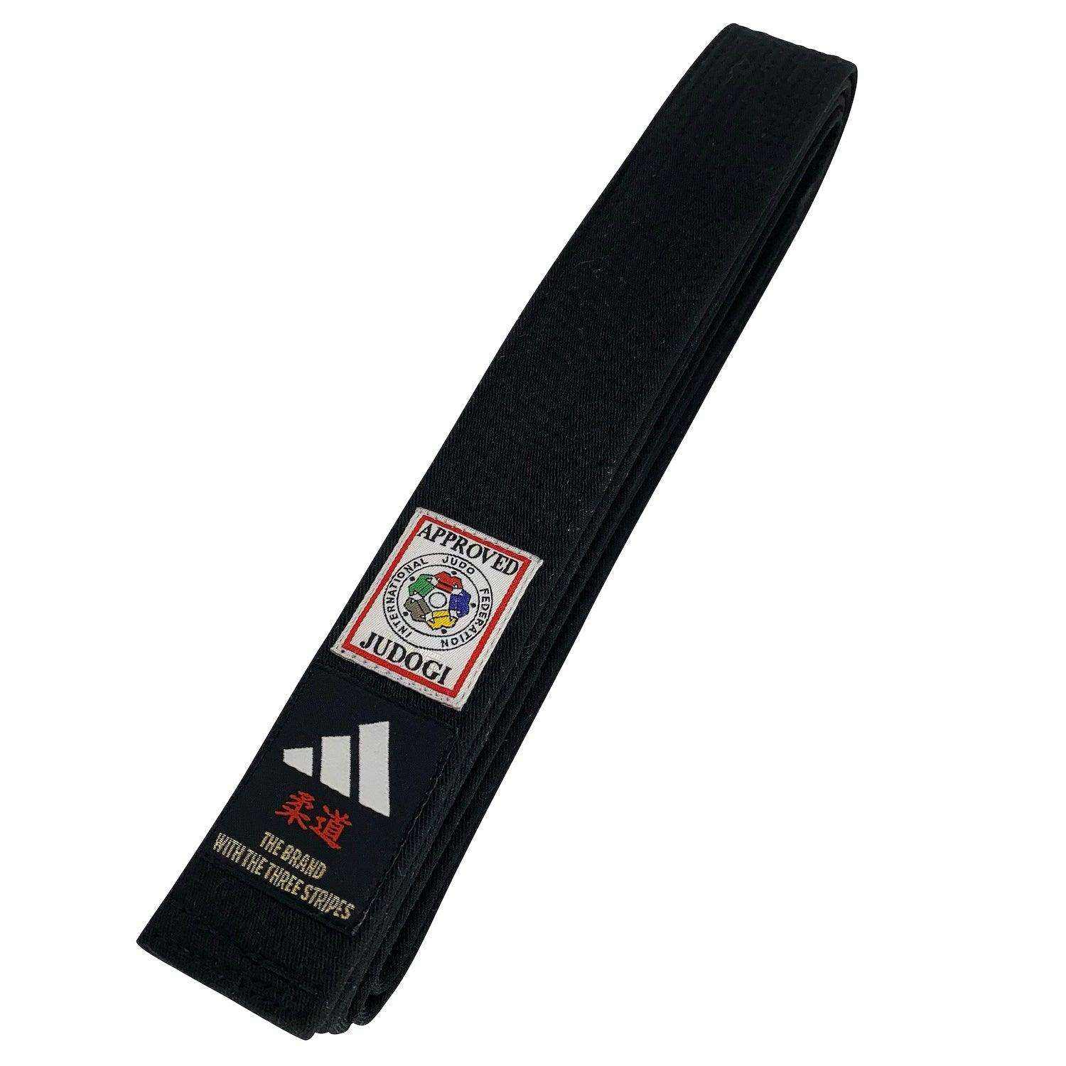 Black Adidas IJF Elite Judo belt with official approval patches, made of high-quality cotton.