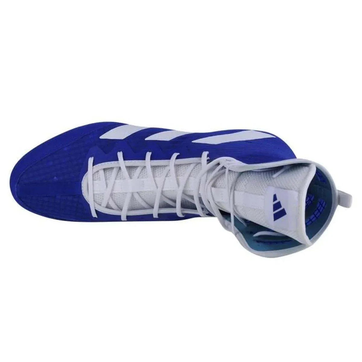 Blue and white Adidas Box Hog IV boxing shoe with high ankle support and laces, designed for lightweight performance and ventilation.