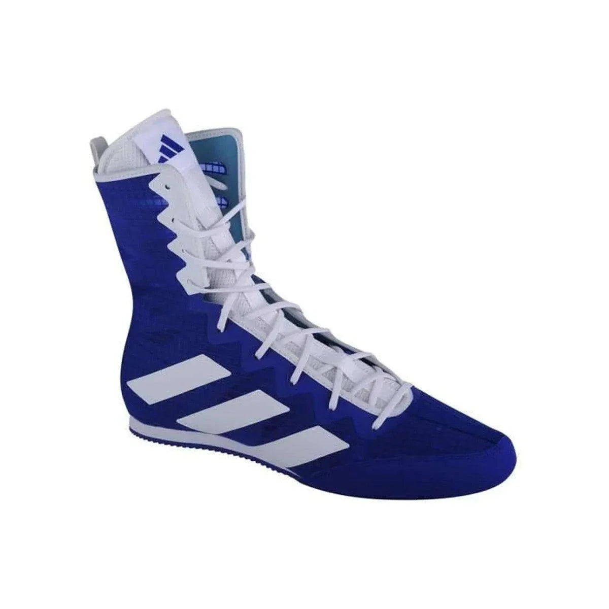 Blue and white Adidas Box Hog IV high-top boxing shoe designed for lightweight performance and ankle support.