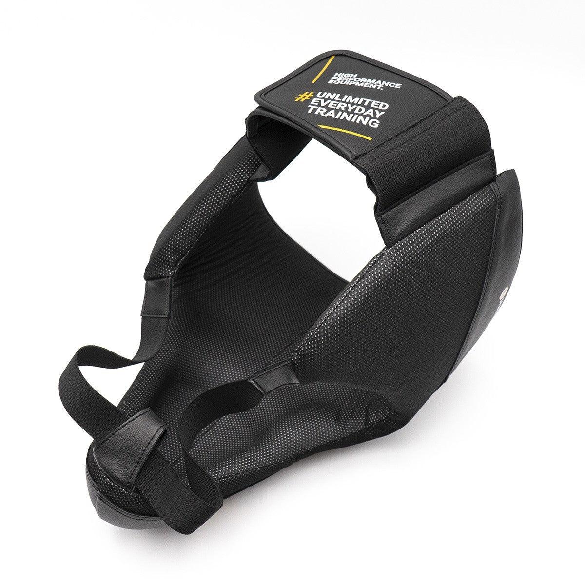 Professional black boxing sparring groin protector with dense foam padding and adjustable straps for secure fit.