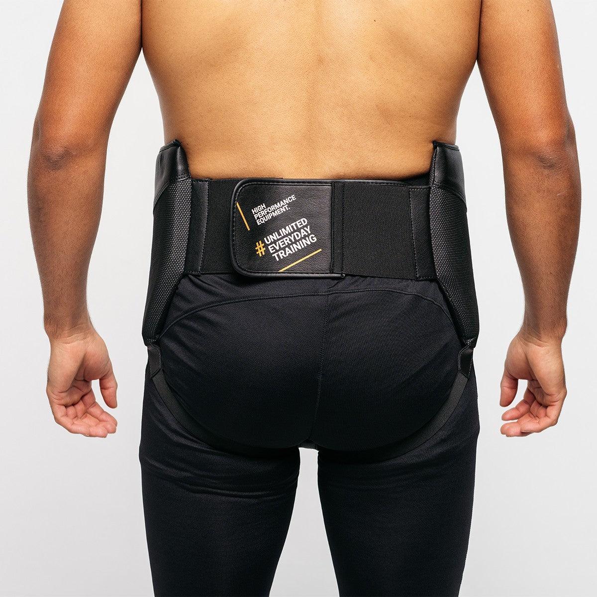 Back view of a person wearing a black FUJIMAE professional Boxing Sparring protective groin guard with adjustable velcro strap and breathable mesh lining for secure fit during training