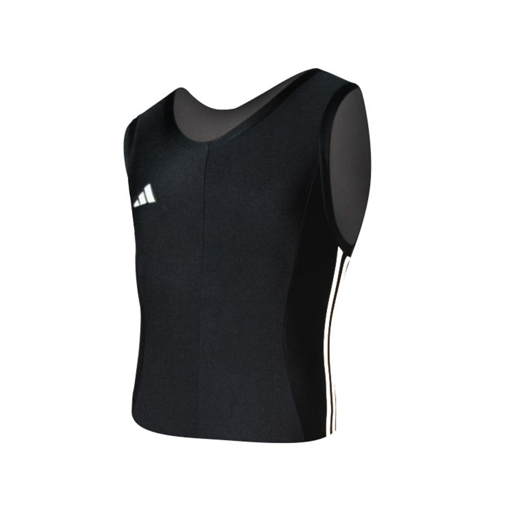 Débardeur noir adidas pour boxe française avec emmanchures larges et bandes blanches pour entraînement et assaut