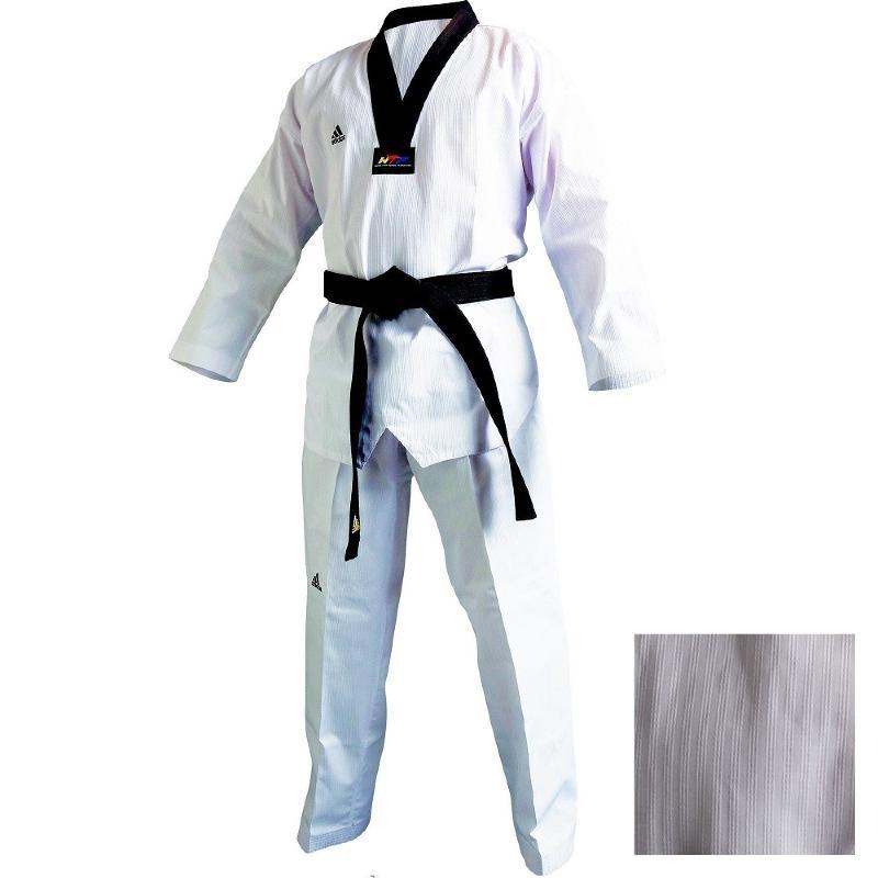 White Dobok Adidas Champion II Taekwondo uniform with black collar and black belt, made from 55% cotton and 45% polyester fabric designed for Poomsae technique practitioners.