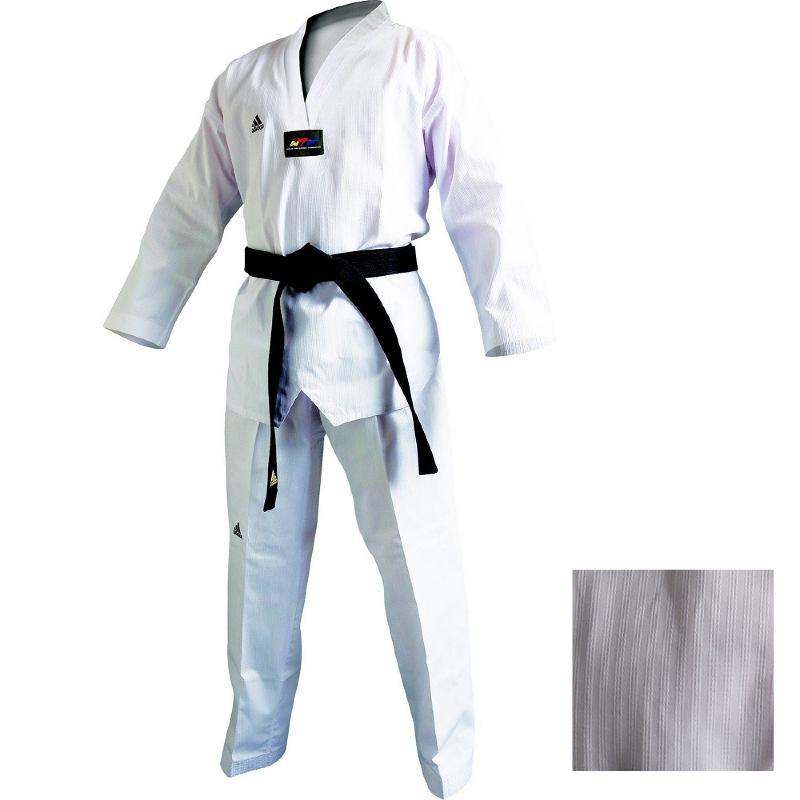 Dobok Adidas Champion II white taekwondo uniform with black belt and V-neck jacket for technical poomsae practice
