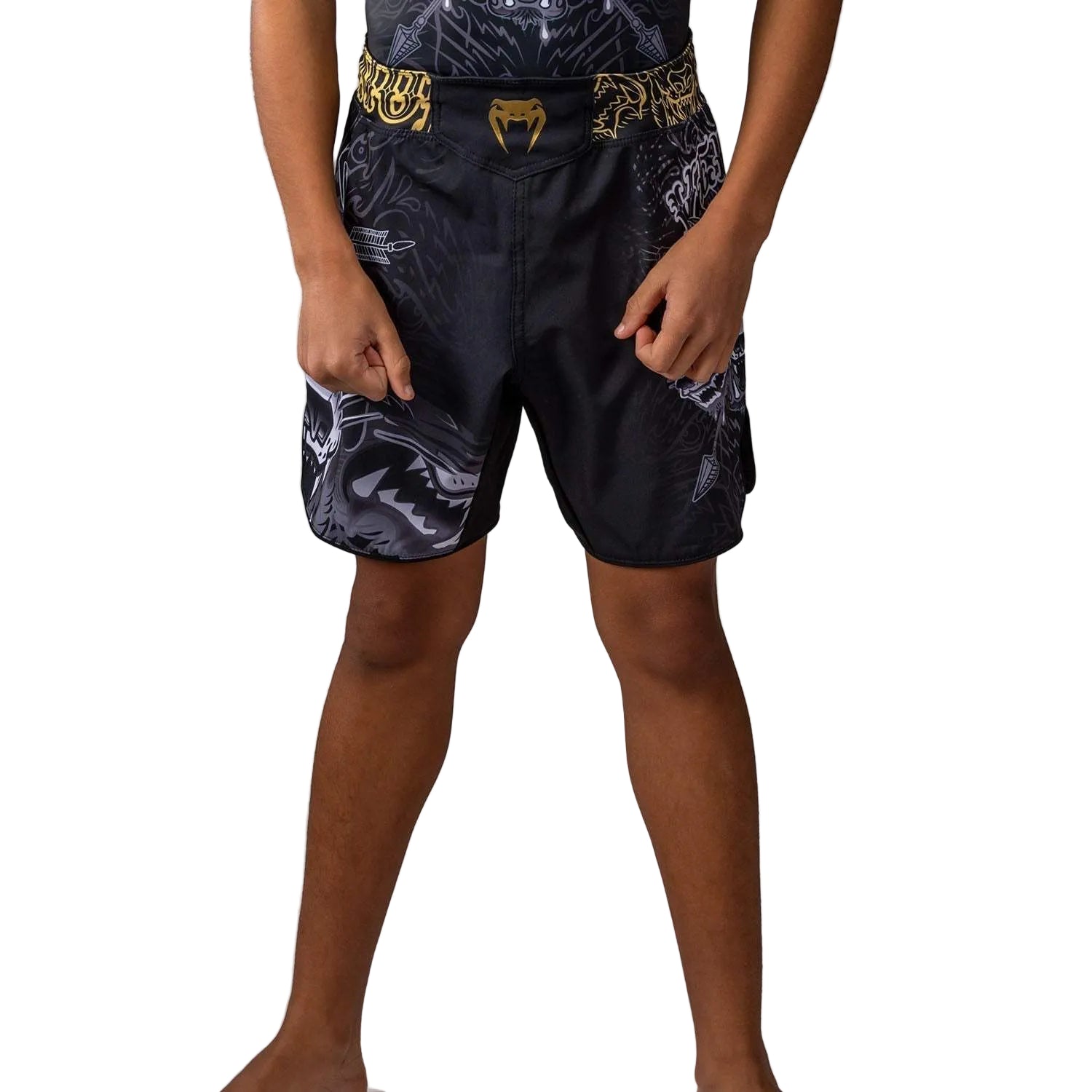 Fightshort enfant Venum Wolf Atak noir et gris, vue de face