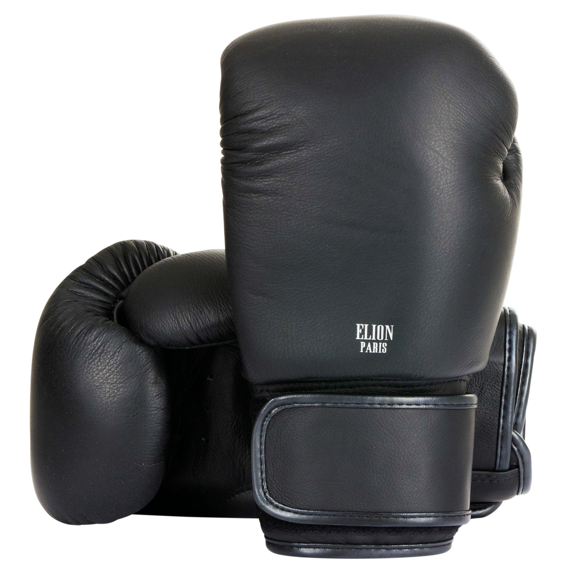 Gants de boxe Elion en cuir noir mat haute qualité avec mousse triple densité et logo argenté