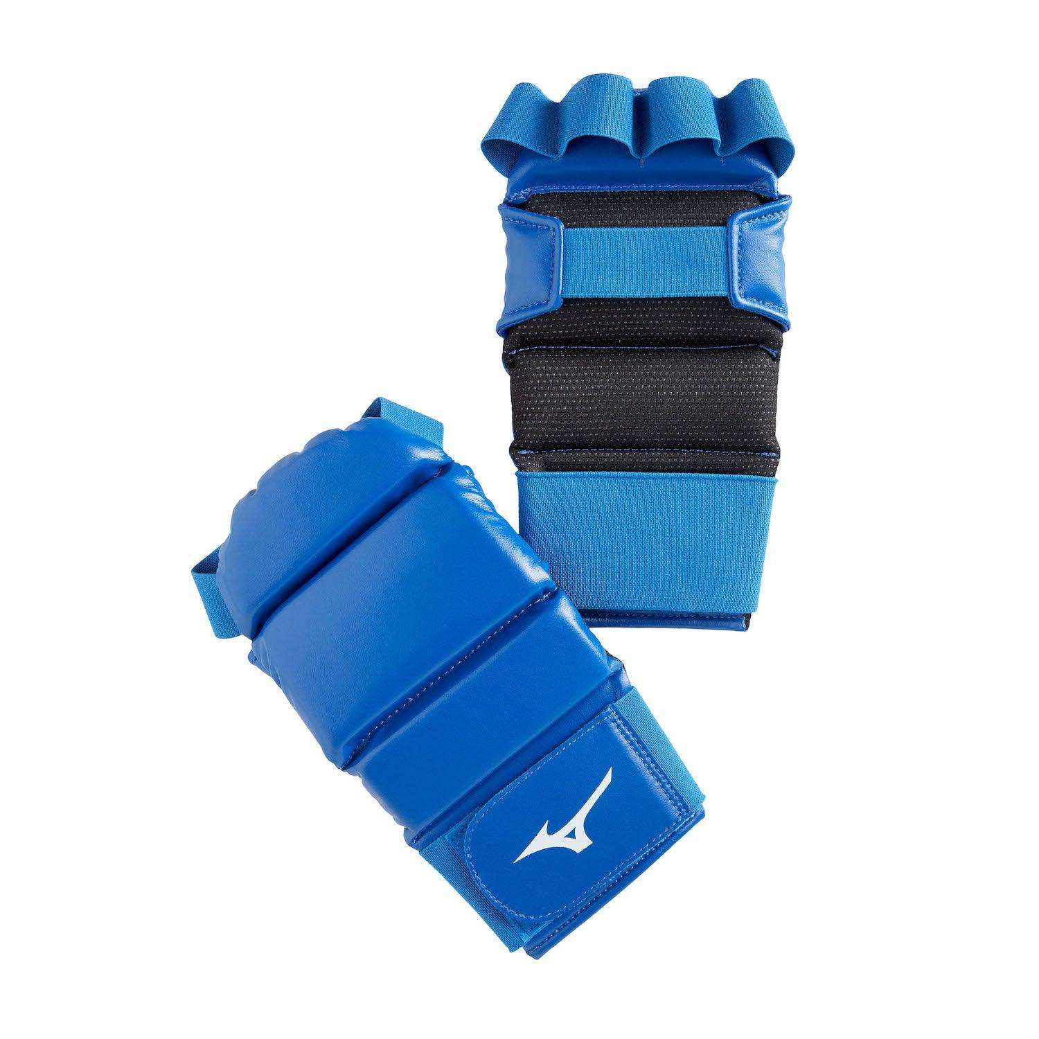 Blue Mizuno Ju Jitsu Combat gloves with PU exterior and EVA foam padding for protection and flexibility