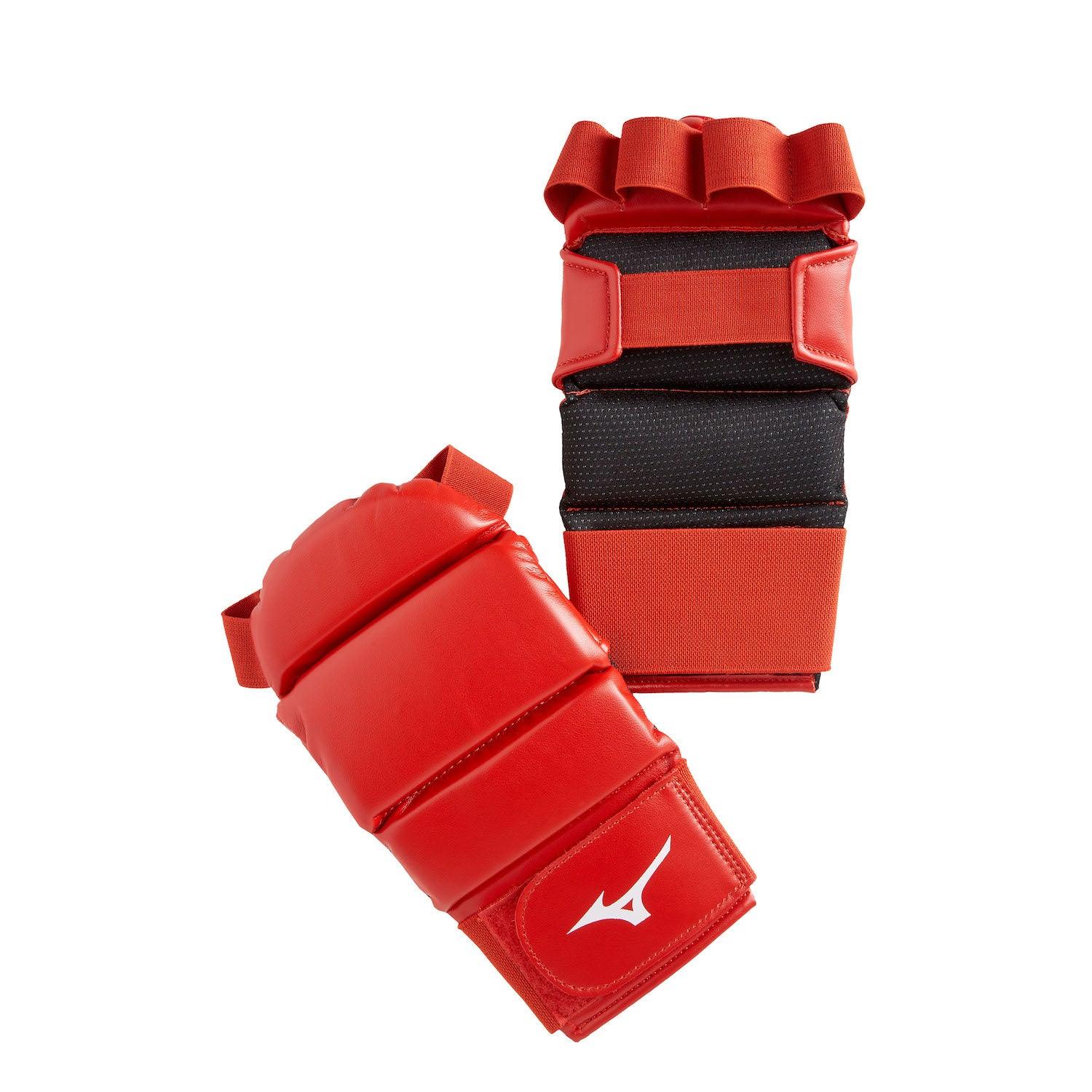 Red Mizuno Ju Jitsu Combat gloves with PU exterior, high-density EVA padding, anti-slip interior, and elastic wrist straps.