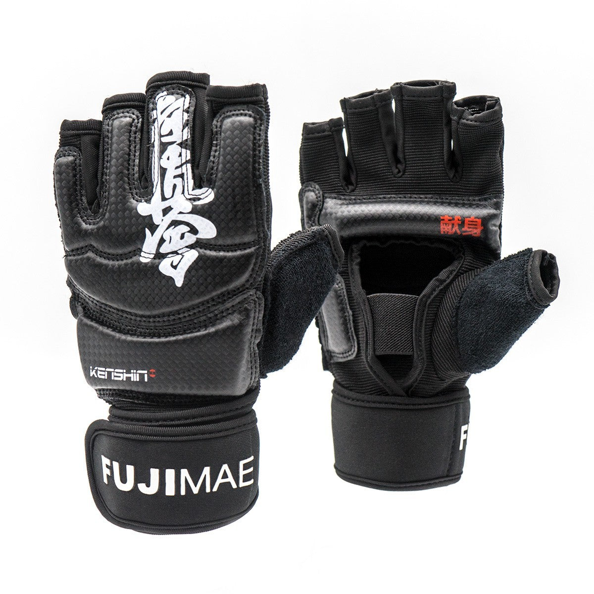 Black FUJIMAE Kyokushin half-finger gloves with EVA foam protection and Velcro wrist closure for karate and combat sports