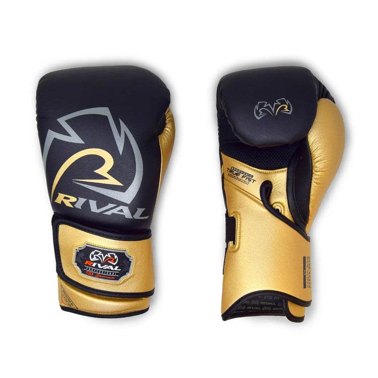 Gants de sac Rival RB100 noirs et or, protection D3O et maintien Wrist Lock 3 pour entraînement intensif