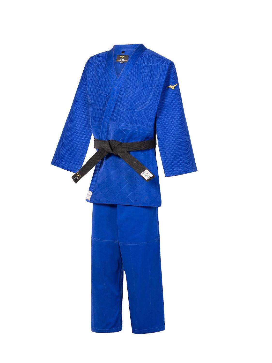 Blue Mizuno Yusho IJF 2023 judo kimono with black belt for competition