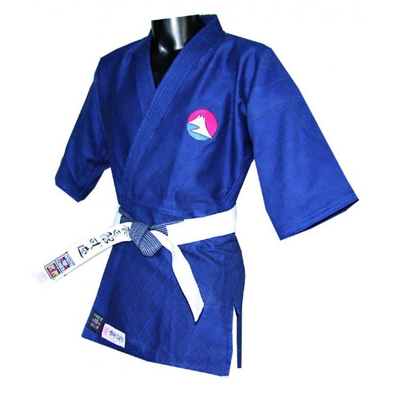 Blue grain de riz textured Kimono de Yoseikan Budo Master jacket with embroidered logo and white belt on display mannequin