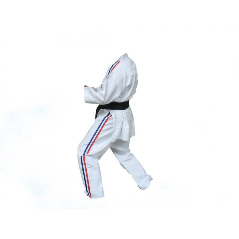 White Kimono de karate Contact Noris with blue, white, and red stripes on shoulders and pants, designed for Karate Contact competitions.