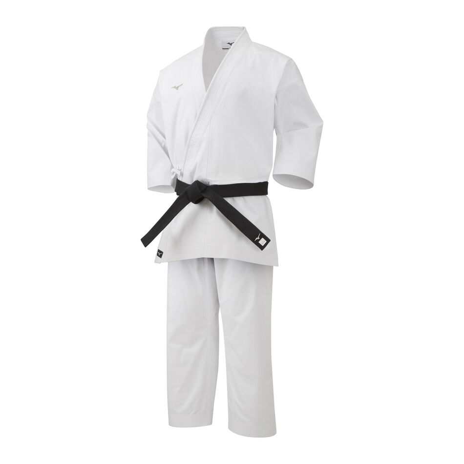 Kimono de karaté Mizuno Kata 12 oz blanc avec logo argent brodé, coupe kata, tissu épais pour entraînement avancé