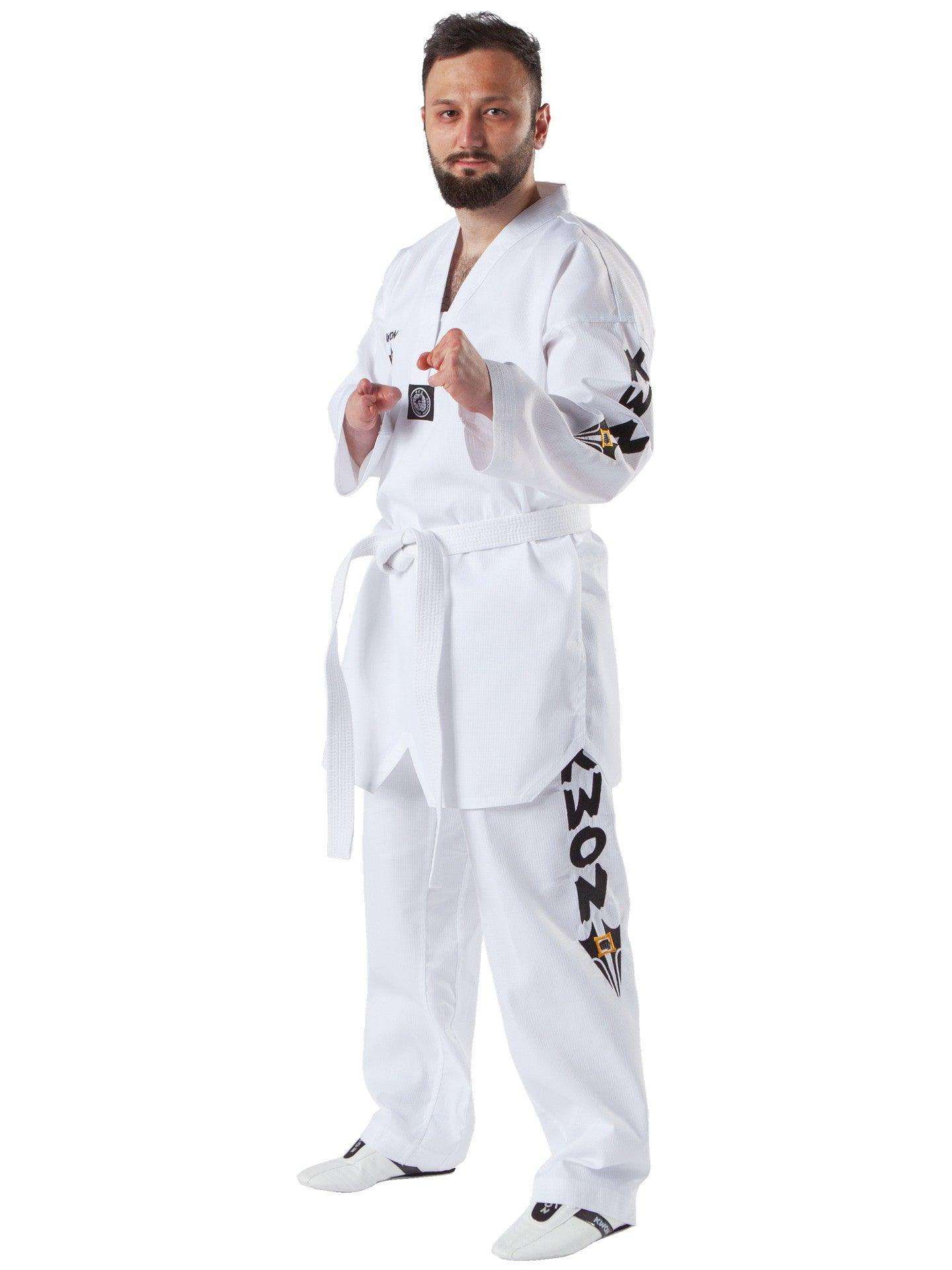 Man wearing white Dobok de Taekwondo Starfighter Kwon with long, loose jacket and pants made of lightweight poly-cotton fabric.