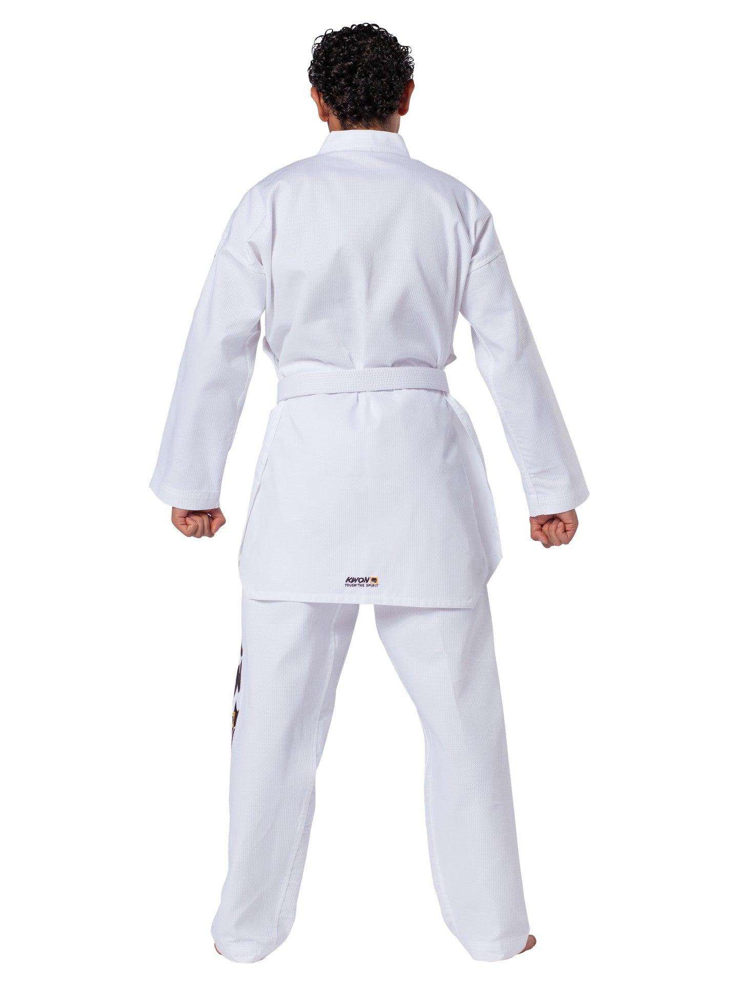 Back view of a person wearing a white Dobok de Taekwondo Starfighter Kwon uniform with long, loose jacket and pants.