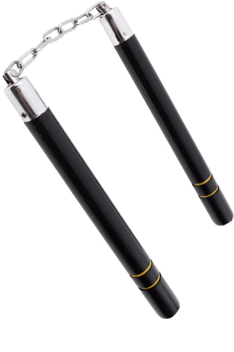 Black wooden nunchaku with yellow stripes and metal chain for martial arts training