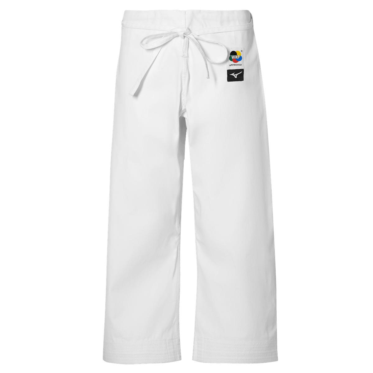 White Mizuno karate pants with WKF certification and traditional drawstring, made of 100% cotton thick fabric for kata training.