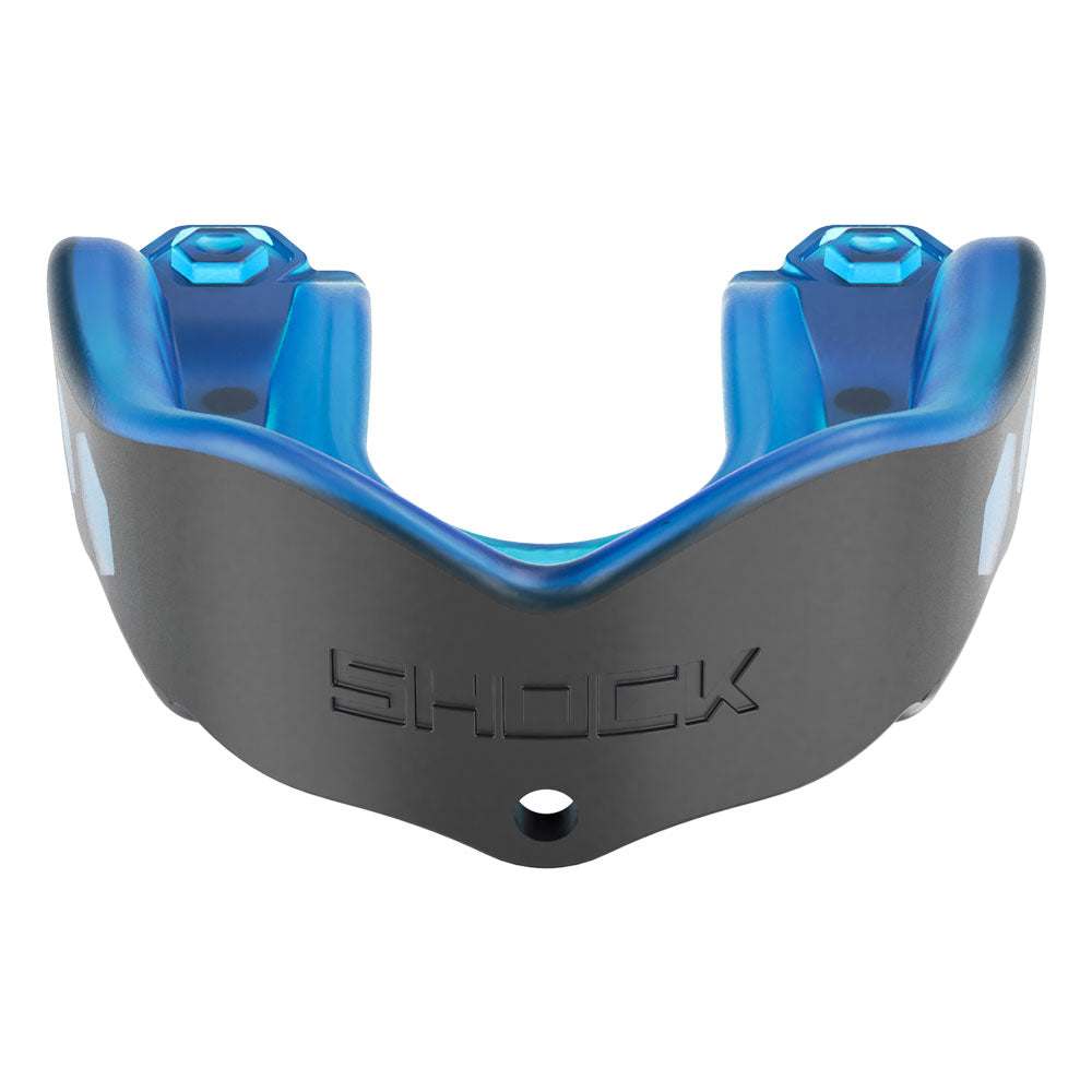 Protège-dents Shock Doctor bleu et noir, en matériau moulable, avec cadre de protection robuste et logo embossé.