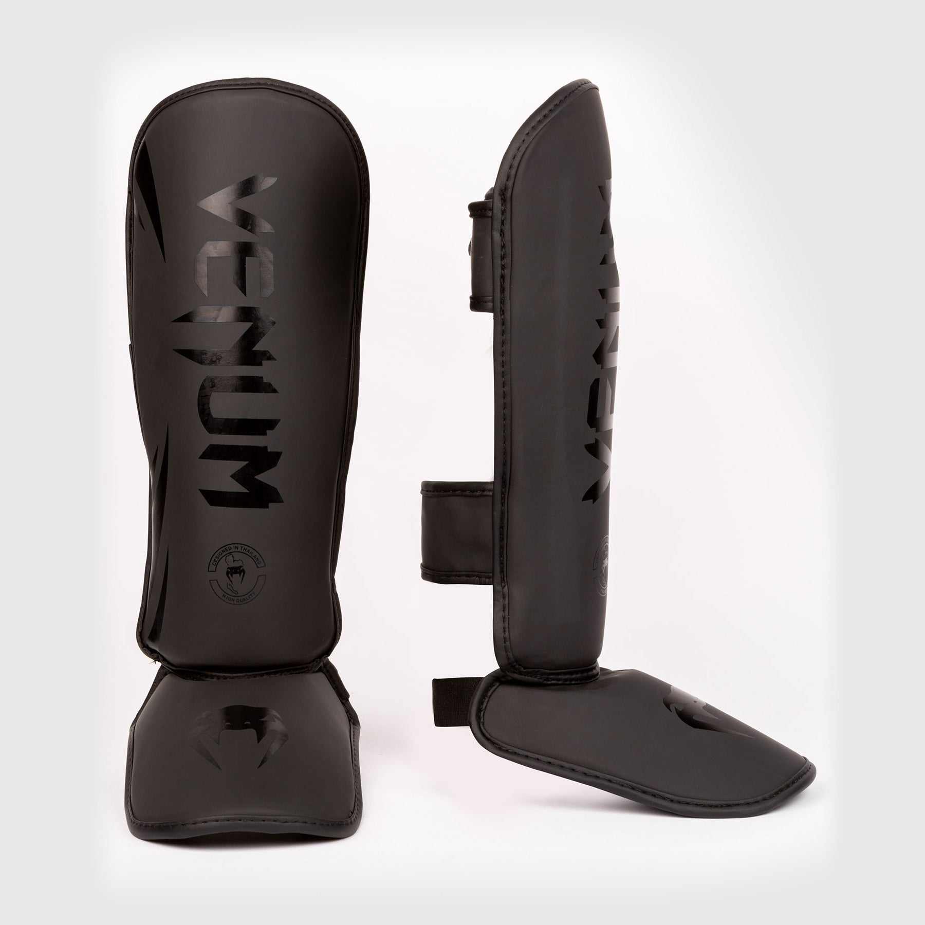 Protège-tibias enfant Venum Challenger noir pour boxe pieds-poings, mousse haute densité et maintien velcro
