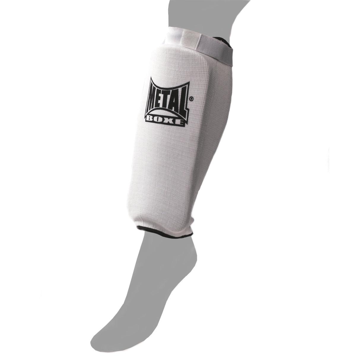 White Metal Boxe MB152 sock-style shin guard with EVA foam padding for combat sports protection