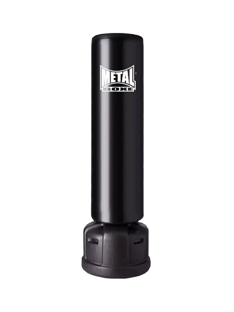 Tour de frappe sur pied noire en simili-cuir, avec une colonne cylindrique et un socle lesté à base large.
