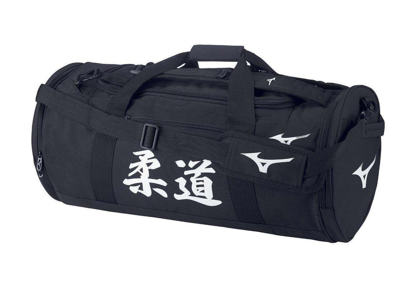 Black Mizuno Judo sports duffel bag with Japanese Judo characters and adjustable shoulder strap