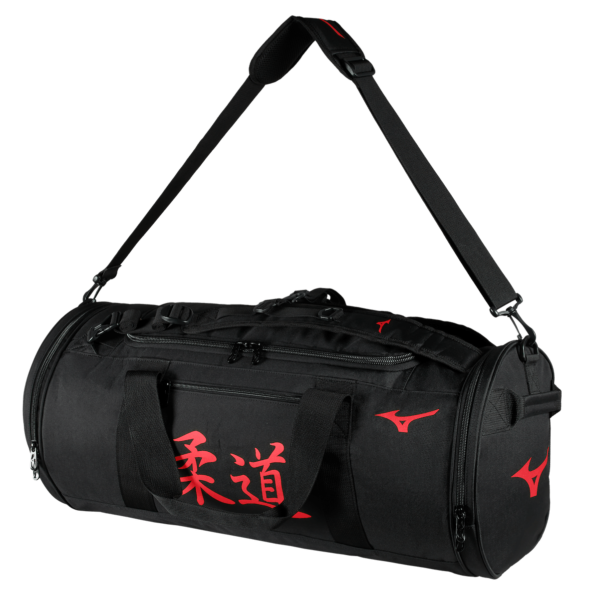 Black Mizuno Judo multiway sports bag with red Japanese Judo lettering and multiple zip compartments